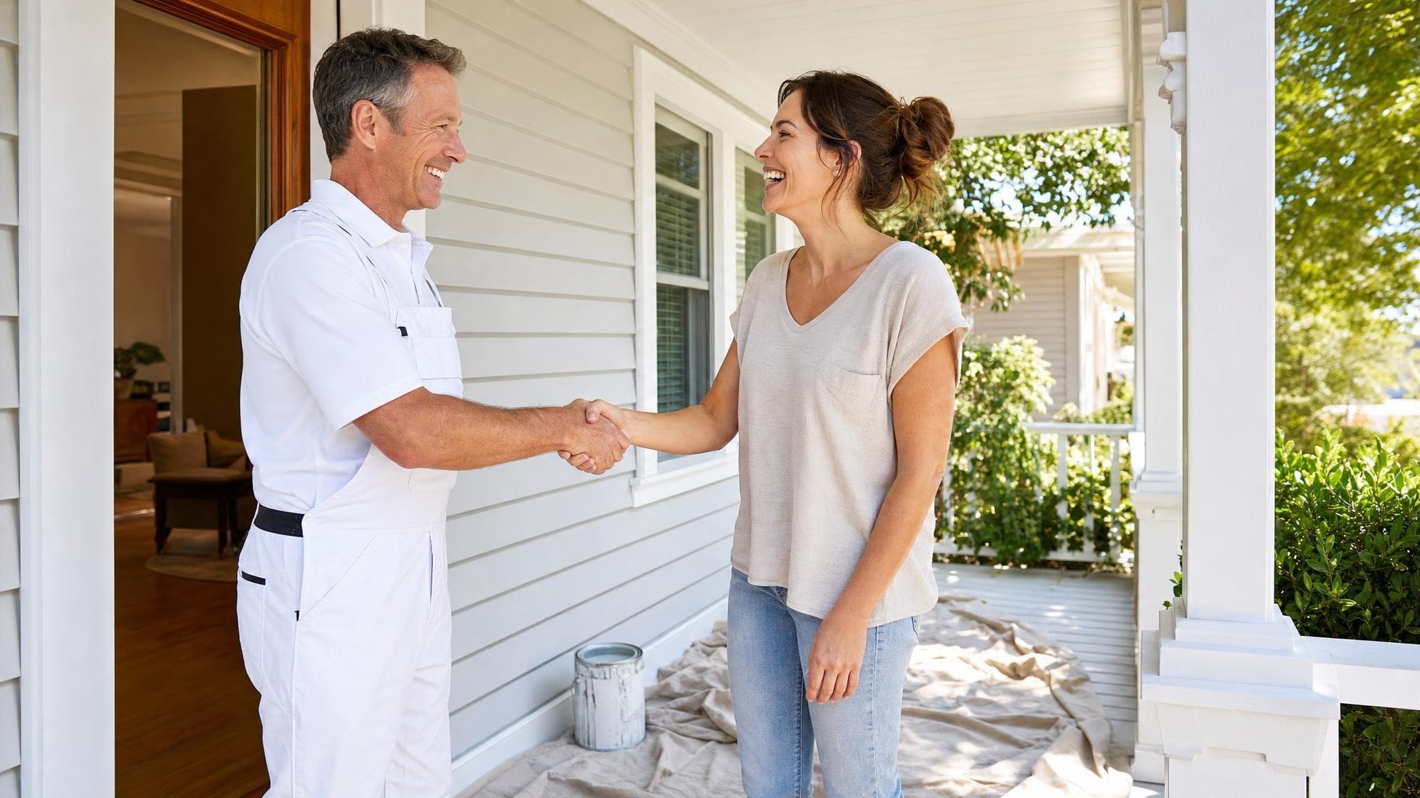A smiling painter in white overalls shaking hands with a happy homeowner at the front door of a freshly painted house.
