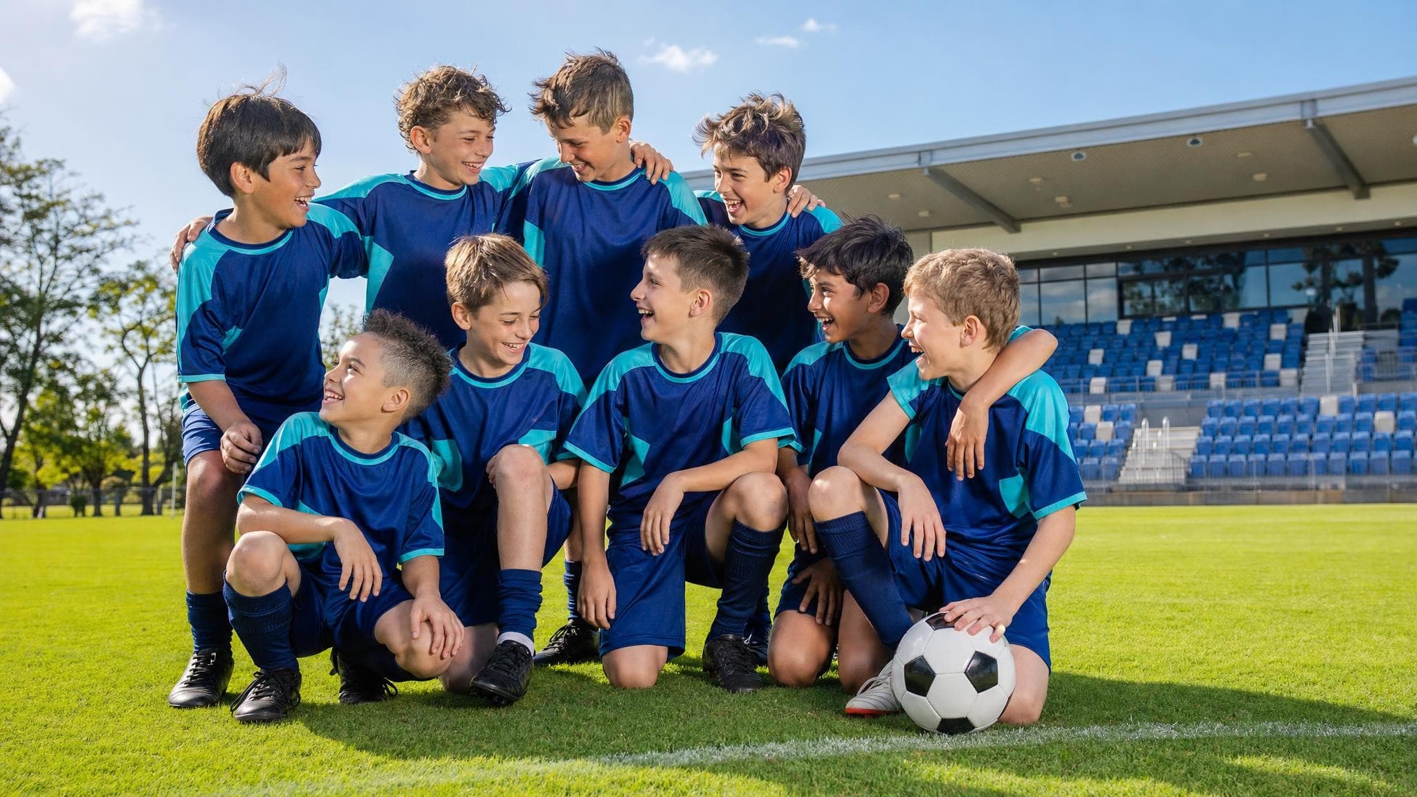 A junior football team in blue and teal kit laughing together around a ball on a pitch in front of a modern grandstand.
