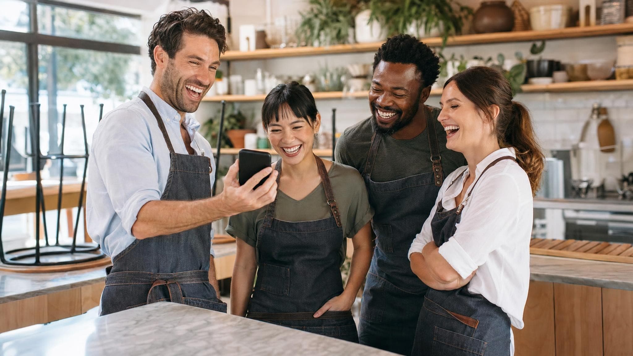 A small café team in aprons laughing together around the counter in a morning huddle before opening, one of them holding a phone.