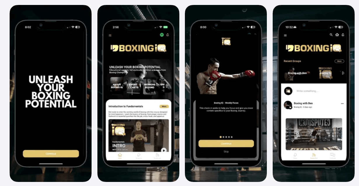 Boxing IQ app screens: branded splash, home with event tickets, a weekly check-in and the member feed